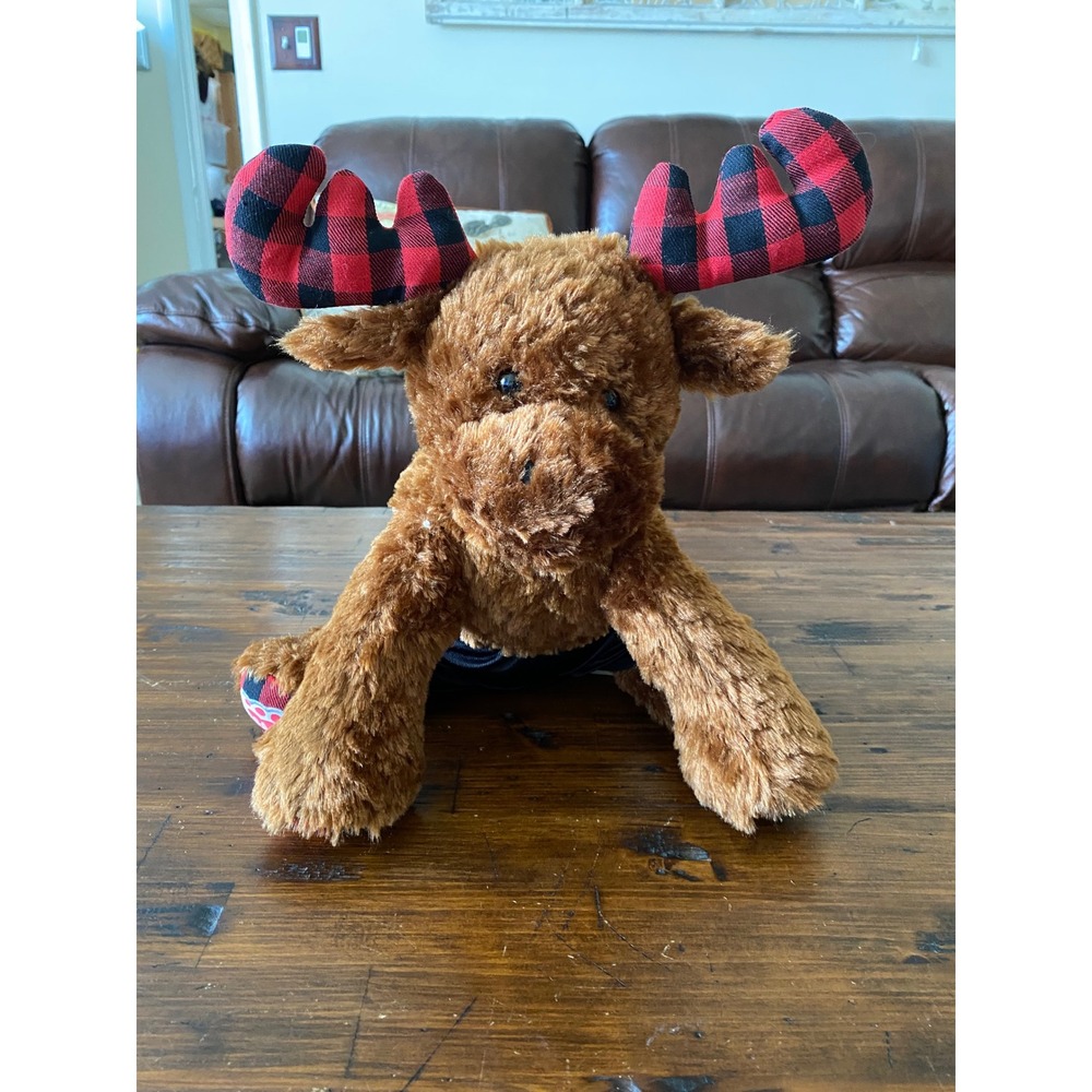 Build-A-Bear BAB Moose Plush Brown Buffalo Plaid Antlers Athletic Shorts 16"